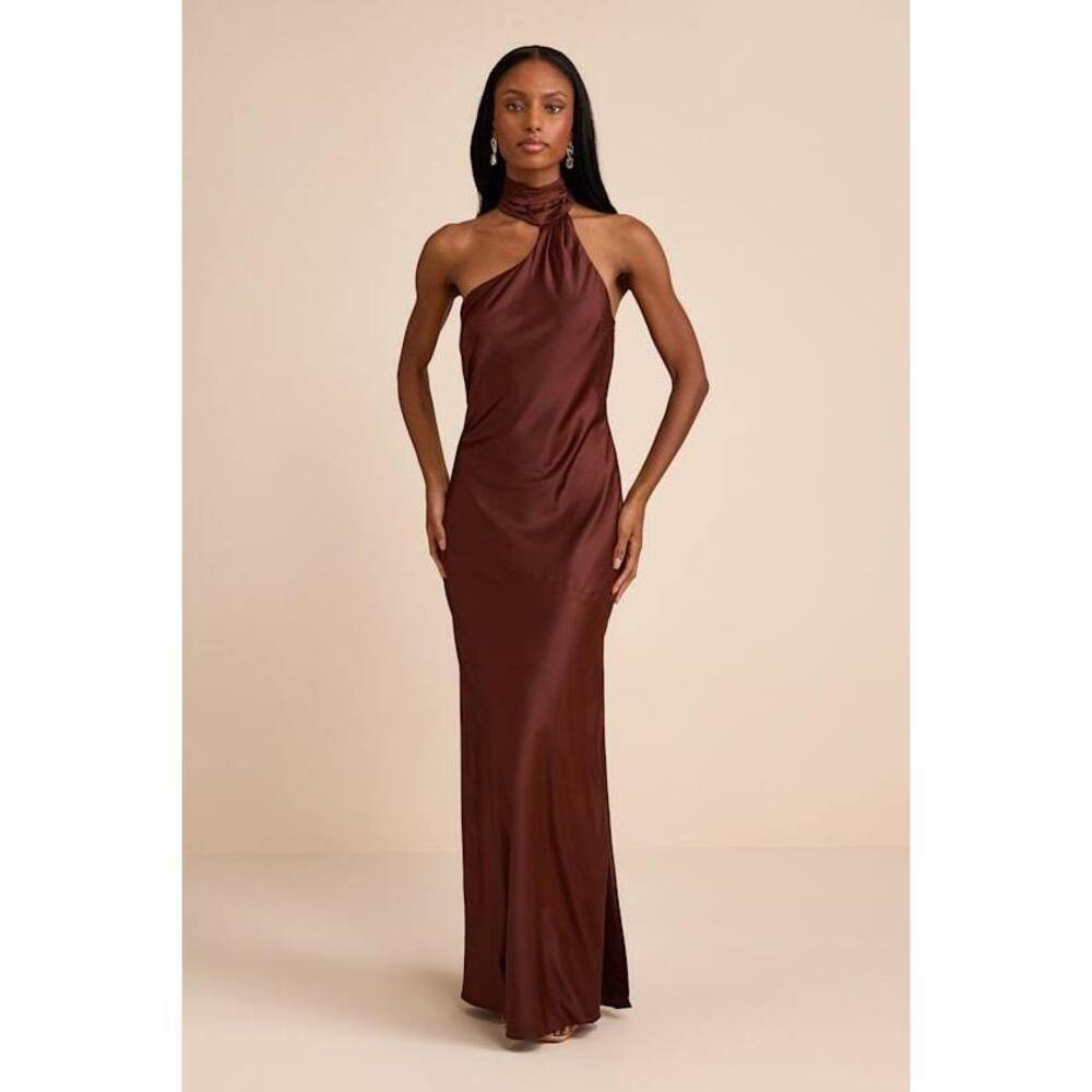 Lulus Madalena Dark Brown Satin Cowl Back Maxi Dress - Size S